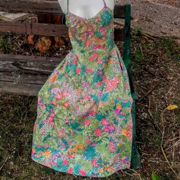 Vintage jungle print A-line halter dress greenpink *HP* - Picture 2 of 8